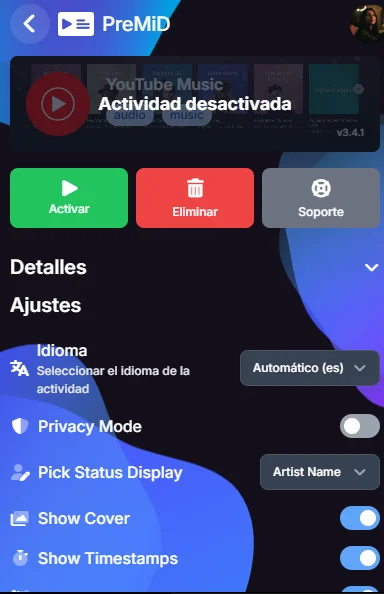 YouTube Music Sync: Interfaz de PreMiD utilizada como referencia